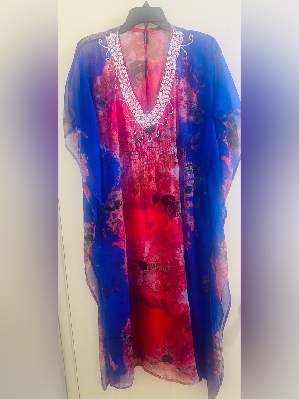 Cynthia Rowley Sheer Embellished Kaftan Top in Fuchsia and Royal Blue